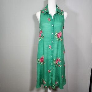 Green With Embroidered Red Flowers Sleeveless Sundress